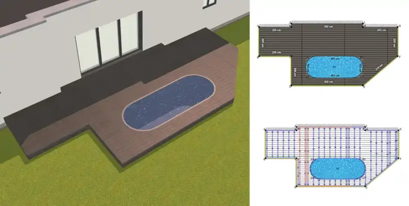 Visualization and technical drawing Wooden terrace with oval pool Dimensions Construction grid Modern planning