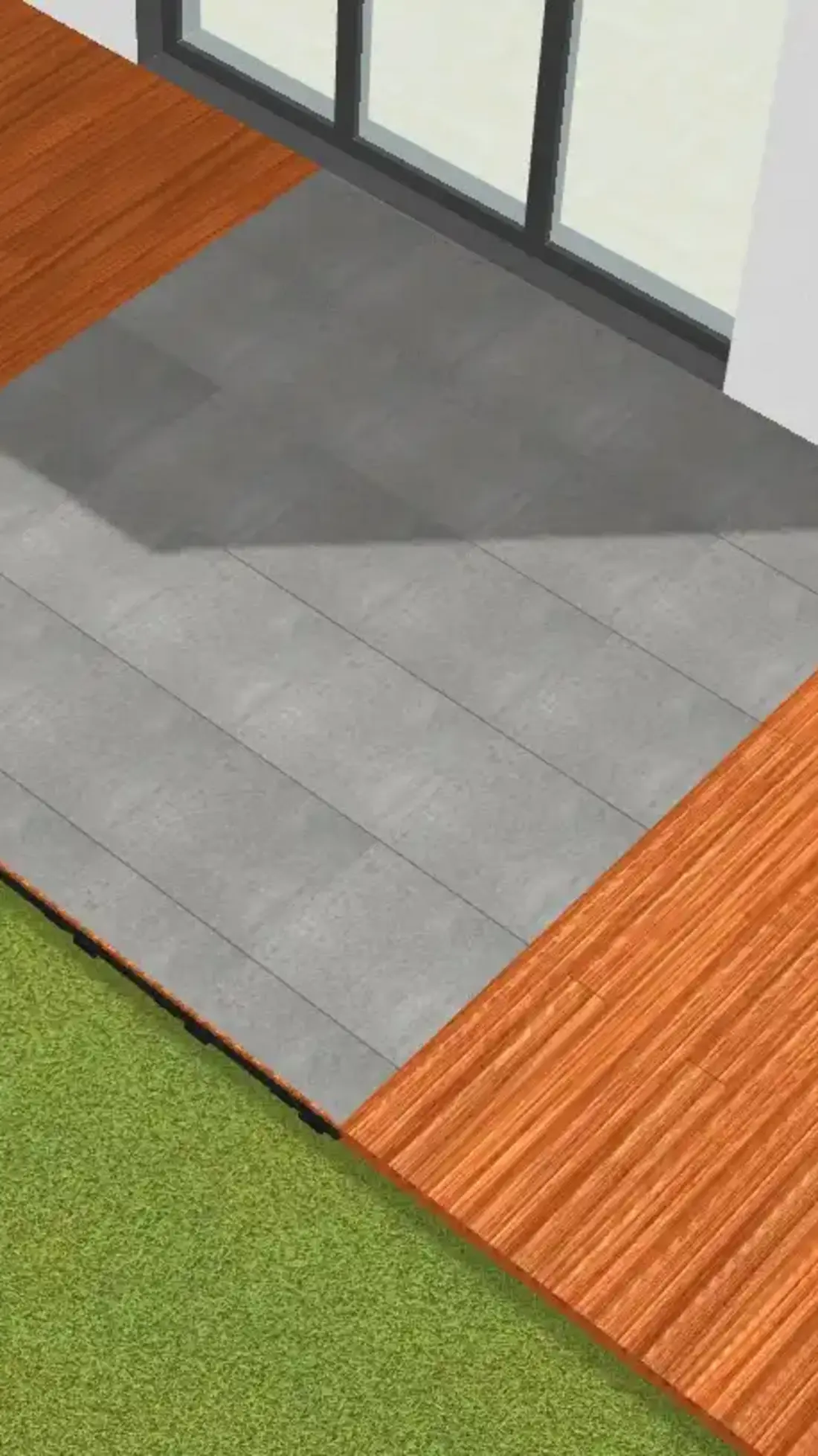 3D-Visualisierung eines Terrassenübergangs von Holzdielen zu einer grauen Fliesenfläche vor einer Terrassentür.