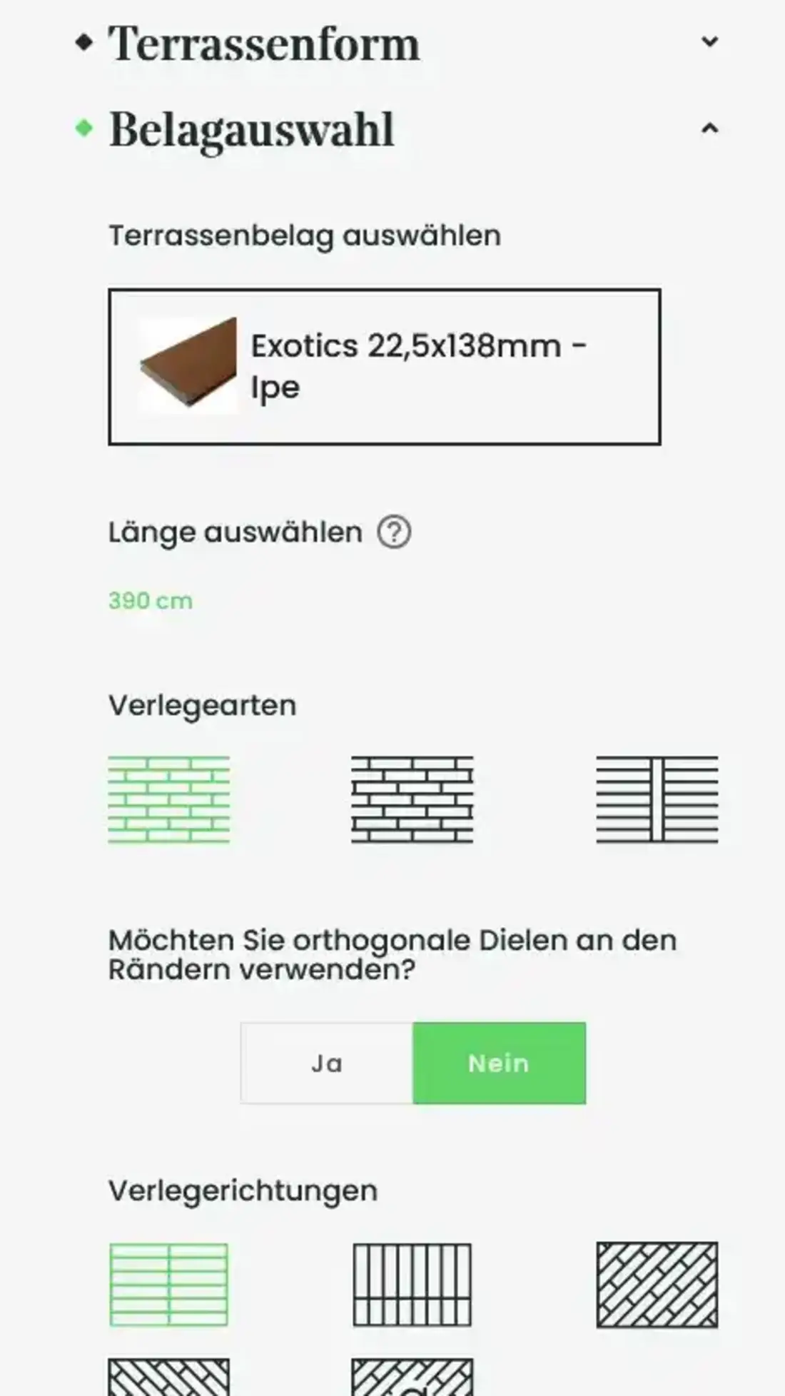 Konfigurationsoptionen im Forestia Terrassen Konfigurator