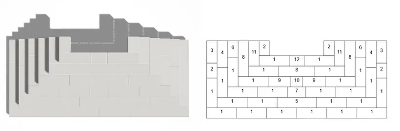 Rectangular external staircase on the left View of the block steps from above on the right Installation plan with numbered modules