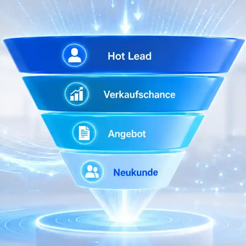 Vertriebstrichter mit den Stufen Hot Lead, Verkaufschance, Angebot und Neukunde – Sinnbild für den digitalen Vertriebsprozess
