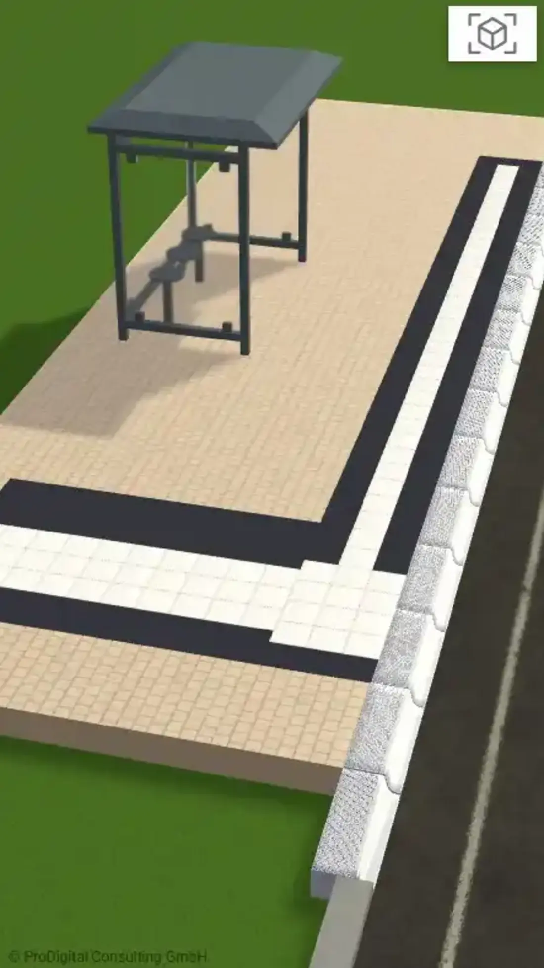 Barrierefreie Bushaltestelle mit überdachtem Wartebereich inklusive kontrastreichem Leitsystem aus taktilen Bodenplatten und abgesenktem Bordstein