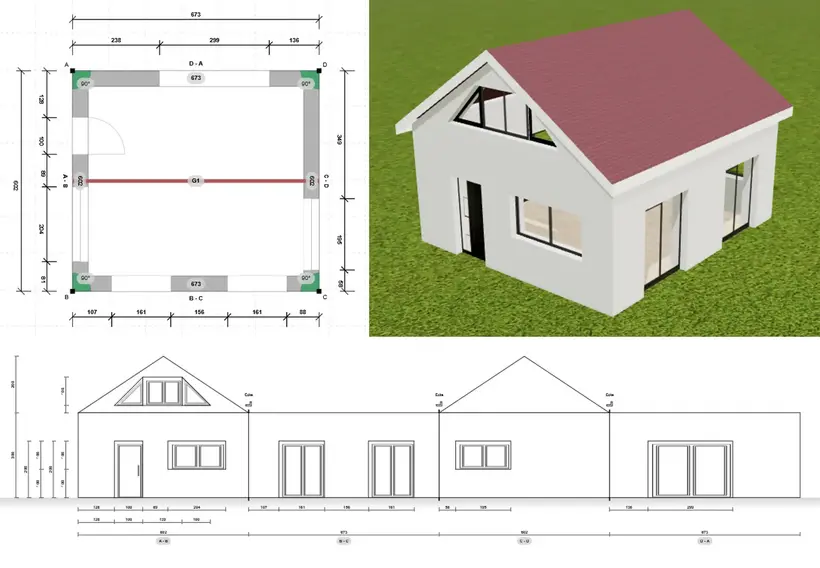 Depiction of a single-family house with a red gabled roof, including floor plan with dimensions and technical view with windows and doors