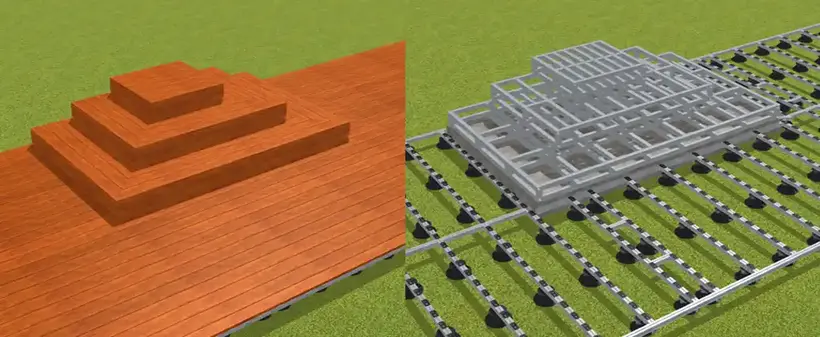Wooden terrace 3D view Staircase Comparison of finished surfaces Aluminium substructure Pedestal supports