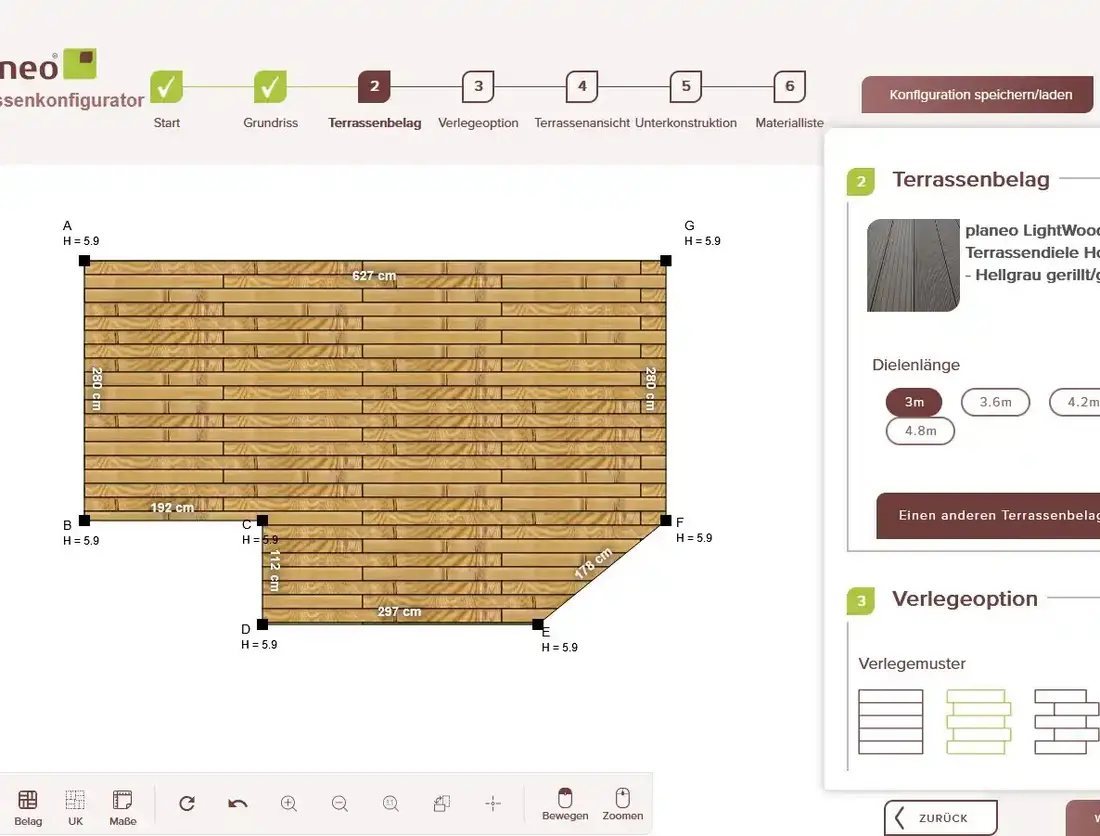 Planeo Terrassen-Konfigurator im Schritt „Terrassenbelag“ mit vermaßtem Grundriss und Auswahl von Dielenlänge und Verlegemuster.