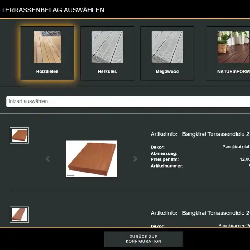Auswahlmaske im JOKA Terrassen Konfigurator mit Terrassendielen in zwei Dekorvarianten und Preisangabe