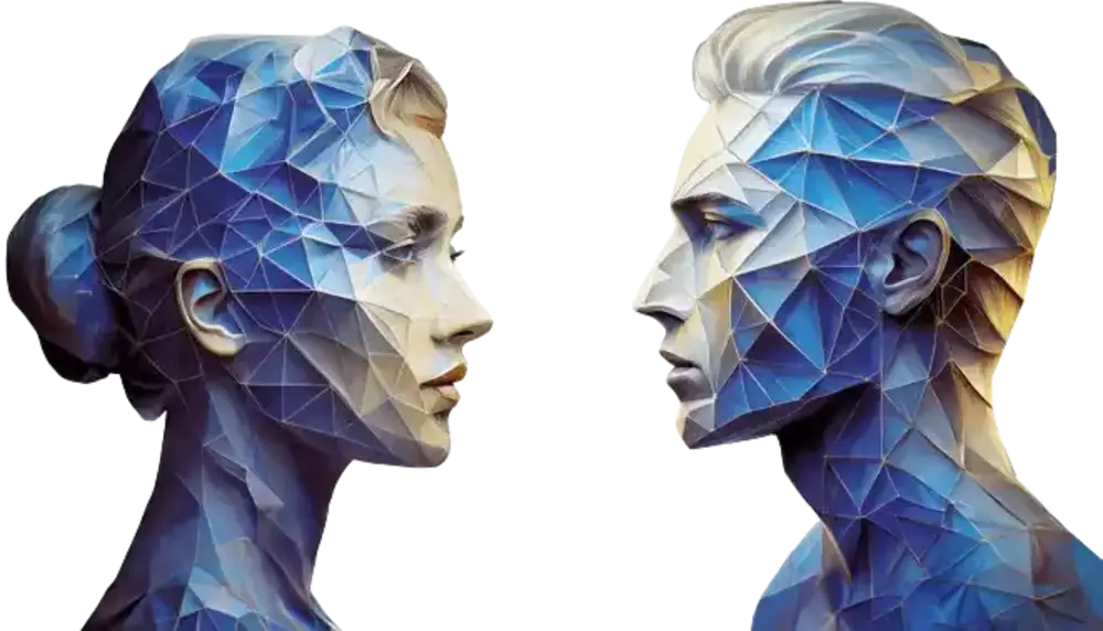 Two stylized polygonal faces of a woman and a man