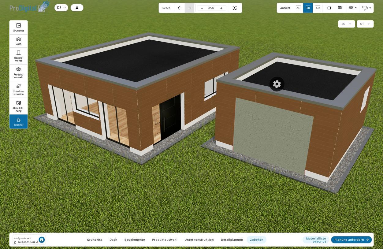 3D-Visualisierung eines modularen Flachdachgebäudes mit Holzfassade im Fassadenkonfigurator von ProDigital, inklusive Navigationselementen und Preisangabe.