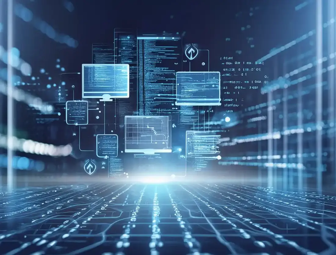 Grafik digitaler Netzwerke und interaktiver Bildschirme symbolisiert Software datenbasierte Systeme und High Ticket Vertrieb
