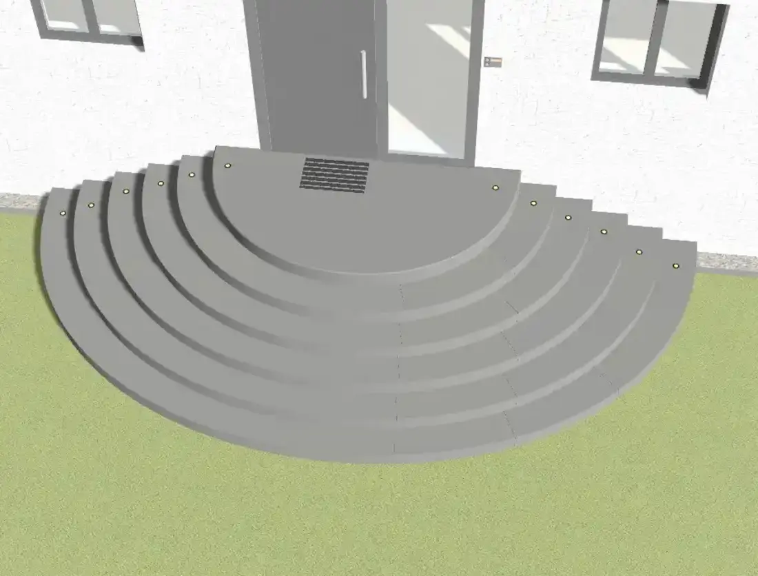 A semicircular entrance staircase with six steps made of gray concrete blocks and step lighting