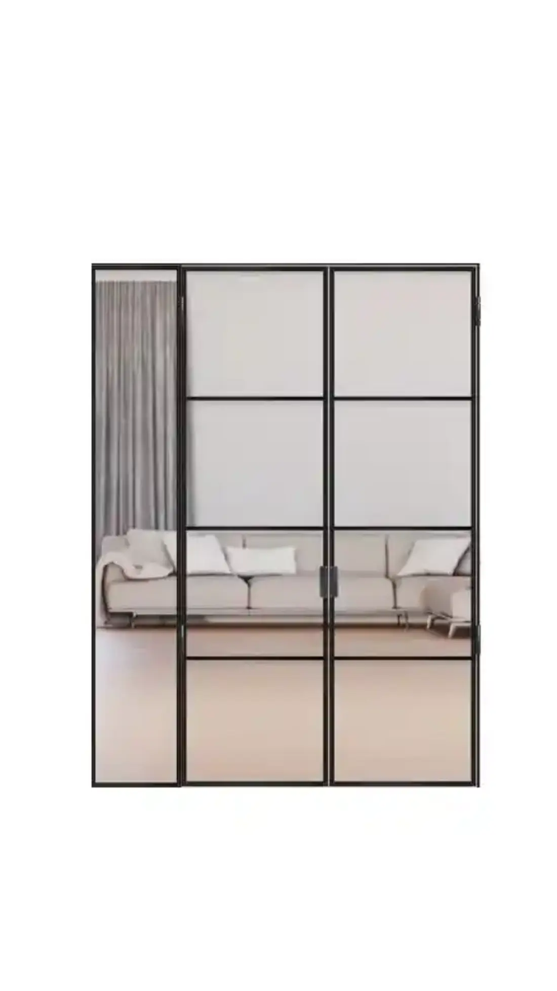 Modern loft door with black metal frame and glass panel consisting of two glass doors with fixed side panels and a bright living area in the background