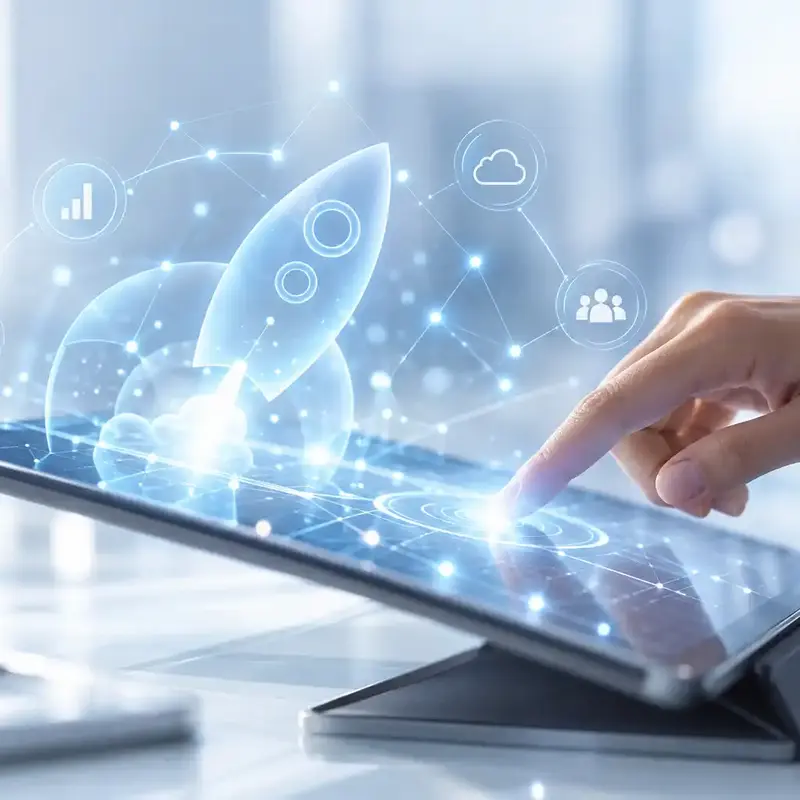[Translate to Französisch:] Digitale Rakete über einem Tablet als Symbol für Innovation, Wachstum und digitale Transformation.