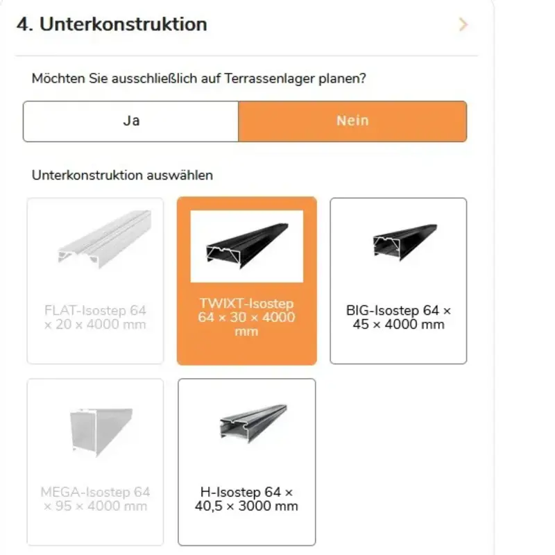 Konfigurationsschritt „4. Unterkonstruktion“ mit Auswahl des Profiltyps für die Terrassenunterkonstruktion.