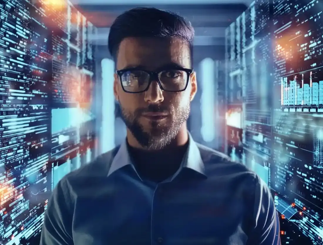 Digitale Transformation dargestellt Mann mit Brille in Raum mit Datenvisualisierungen und Analyse Dashboards