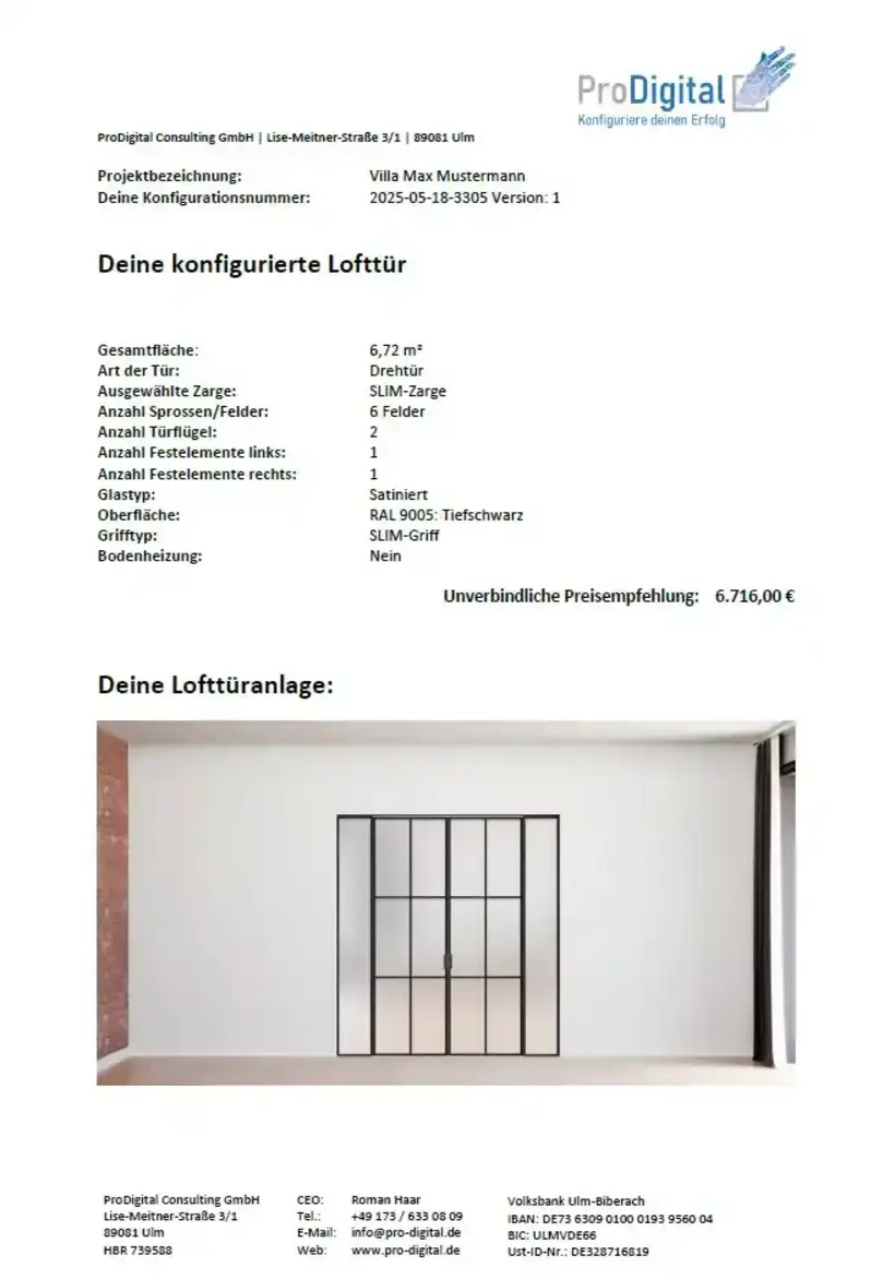 Document on loft door with dimensions Glass surfaces Two door leaves and two fixed elements Black frames