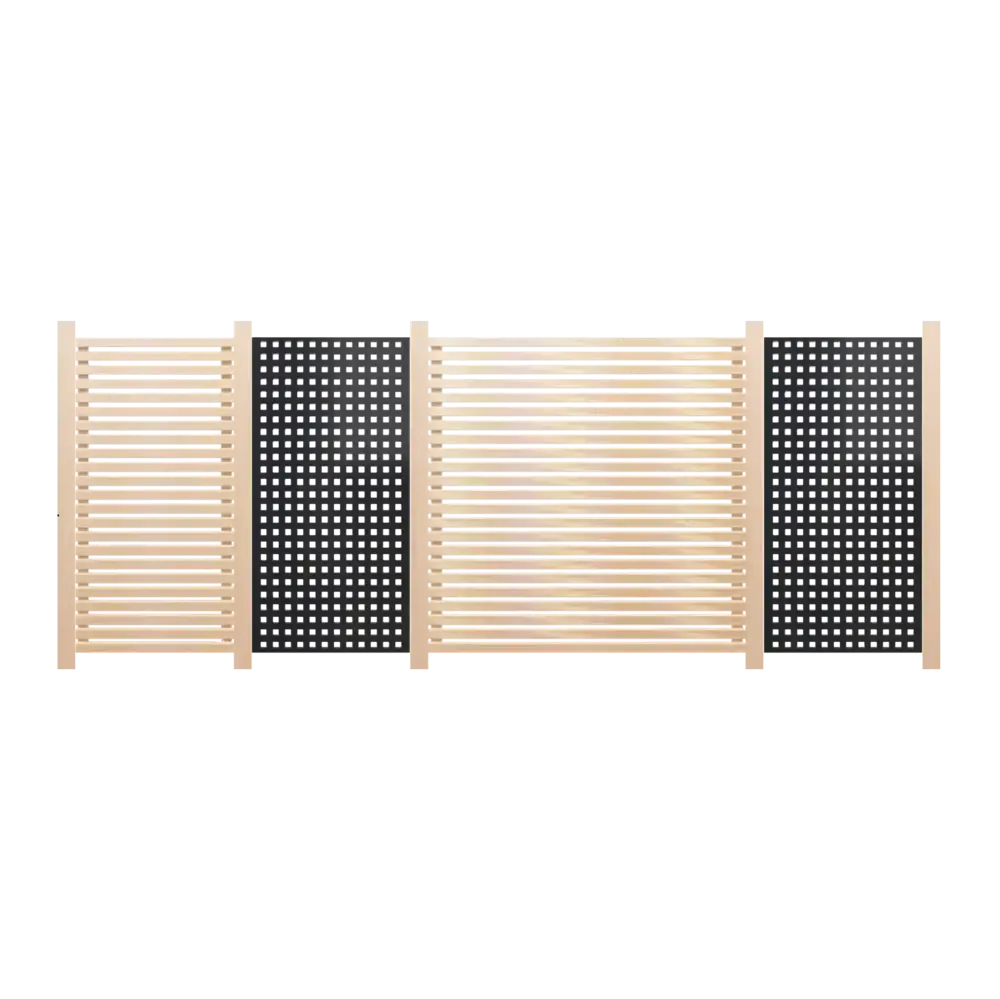 Modern privacy screen made of light wood with black design elements Slats and perforated sheet metal stylish garden boundary