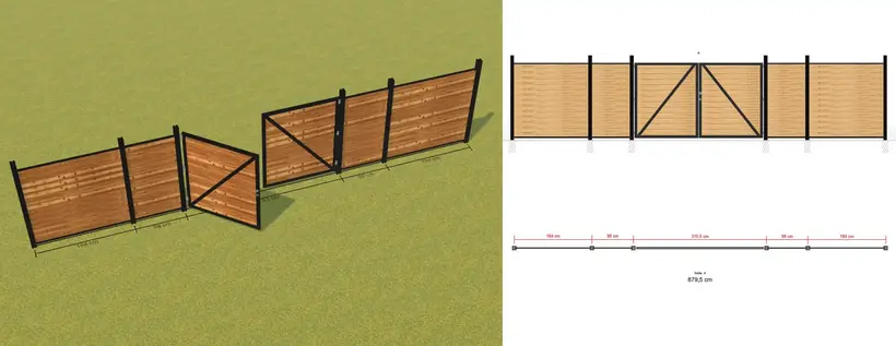 Modular privacy screen made of wood with metal posts and double gate Visualization with technical drawing and dimensions