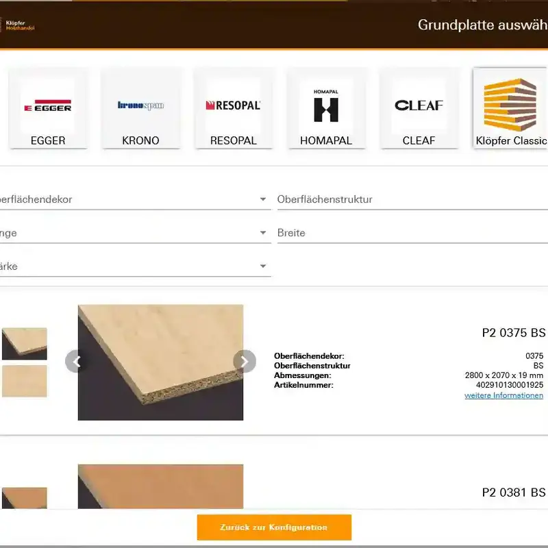Auswahlmaske „Grundplatte auswählen“ des Konfigurators von Klöpfer mit Herstellerfiltern, Filterfeldern und Plattenliste.