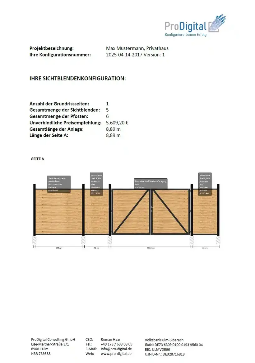 Visualized system with five privacy screens and double gate wood aluminum design length 889 m technical drawing below