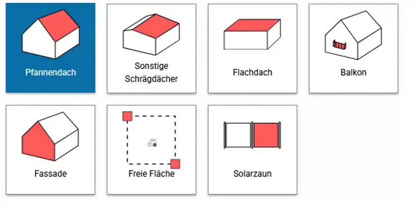 Solar systems Installation surfaces Tiled roof Pitched roof Flat roof Balcony Facade Open space Solar fence Selection graphics