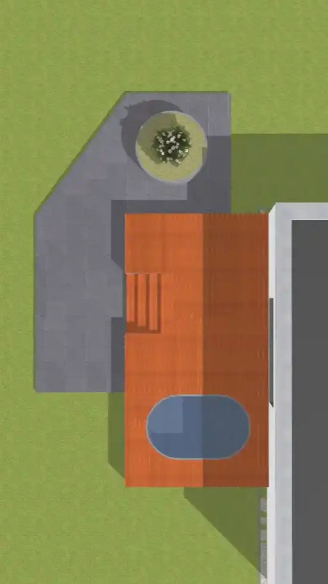 Draufsicht auf eine Terrasse mit Holzdecking, ovalem Pool und angrenzender Steinfläche mit rundem Pflanzbeet.