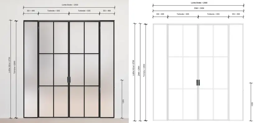 On the left, a realistic glass loft door with black frame and dimensions; on the right, the same door as a technical drawing opening in the middle
