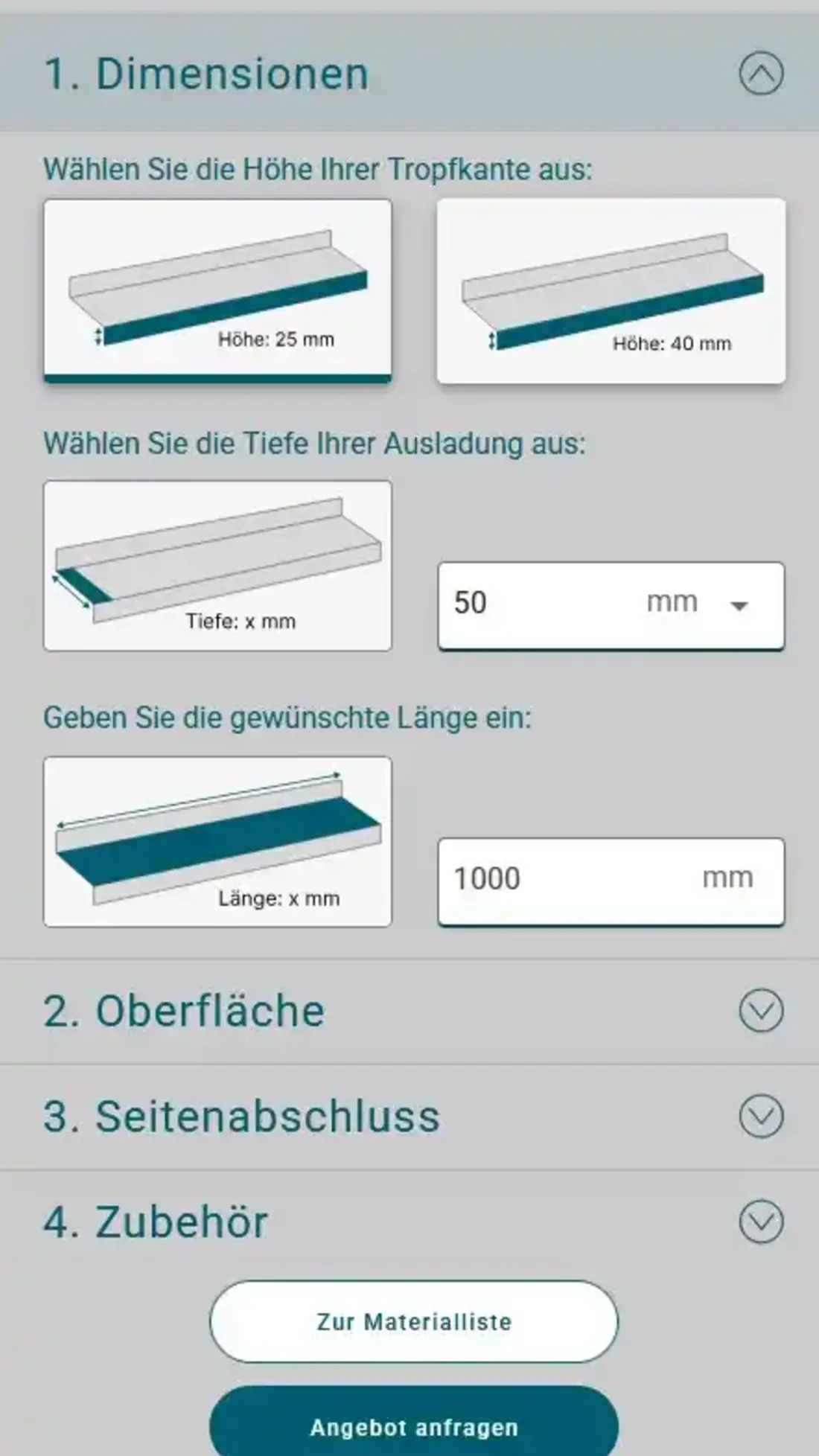 Bildschirmansicht des Konfigurators für Fensterbänke mit Auswahlmöglichkeiten für Höhe der Tropfkante oder Eingabe der gewünschten Längen