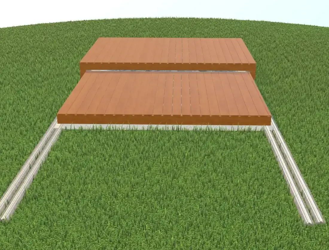 Geschlossenes Pooldeck aus Holz auf Laufschienen