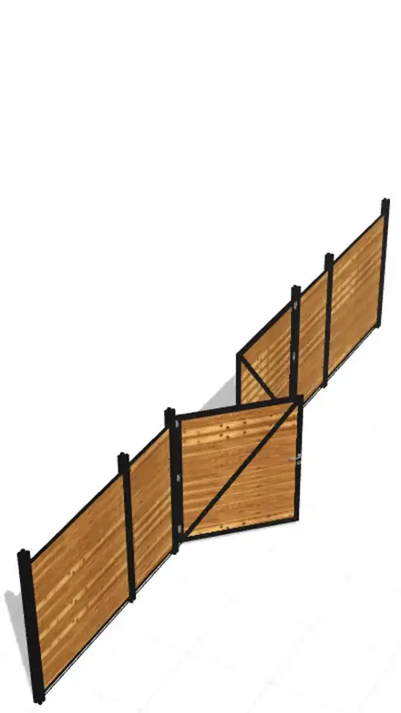 Visualization of a modern privacy screen system with wooden slats black aluminum posts and integrated gate