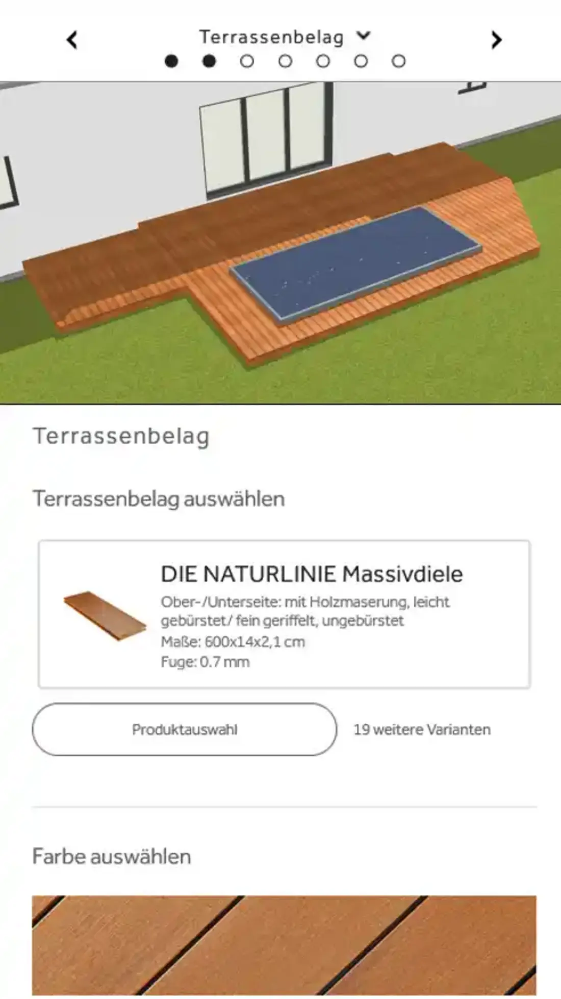 Mobile-Ansicht des NaturInForm Terrassen Konfigurators mit einer Holzterrasse in Bernsteinbraun rund um einen rechteckigen Pool