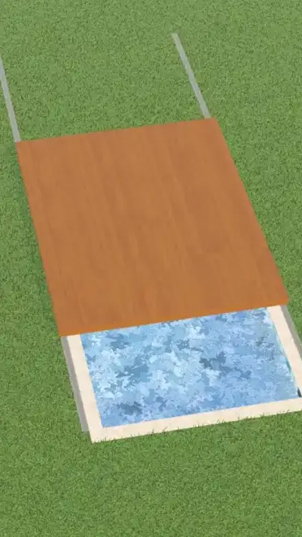 Half open wooden deck on metal rails above rectangular pool with blue water partially open surrounded by green lawn