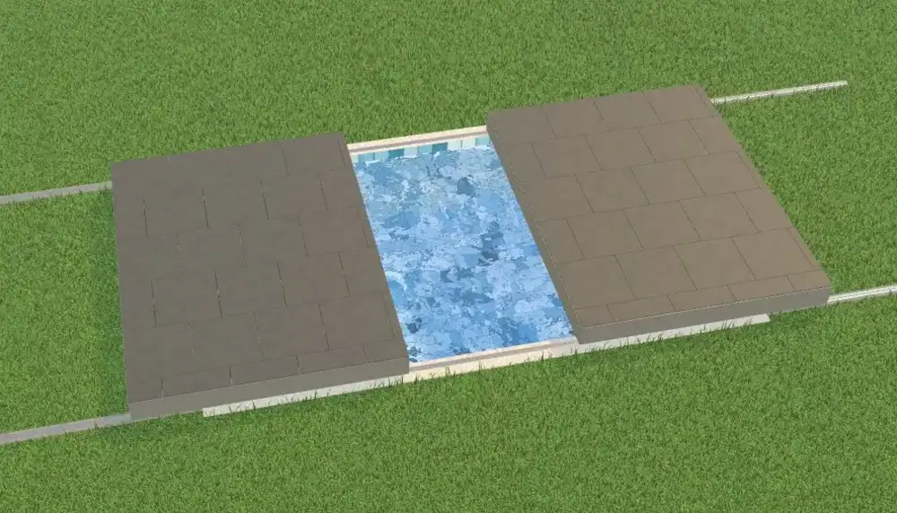 Rectangular pool with two stone look cover elements offset to the side water visible in the center lawn surrounding the pool