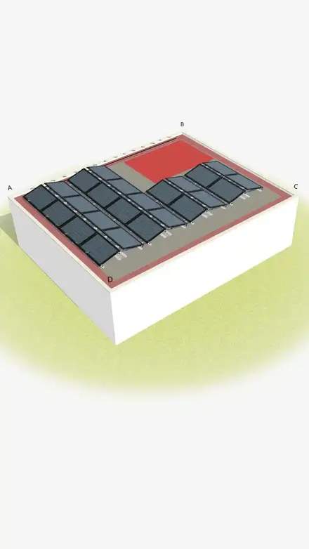 PV system on flat roof east west orientation 3D representation modules in two rows running in opposite directions technology and maintenance visible