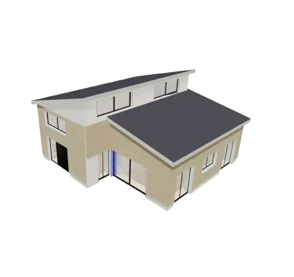 A modern two-story house with a staggered flat roof, large windows, and a beige wooden facade