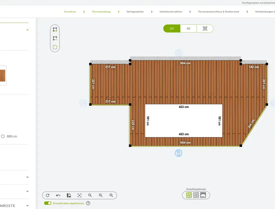 2D-Ansicht eines Terrassen-Konfigurators mit vermaßtem Grundriss und rechteckiger Aussparung.