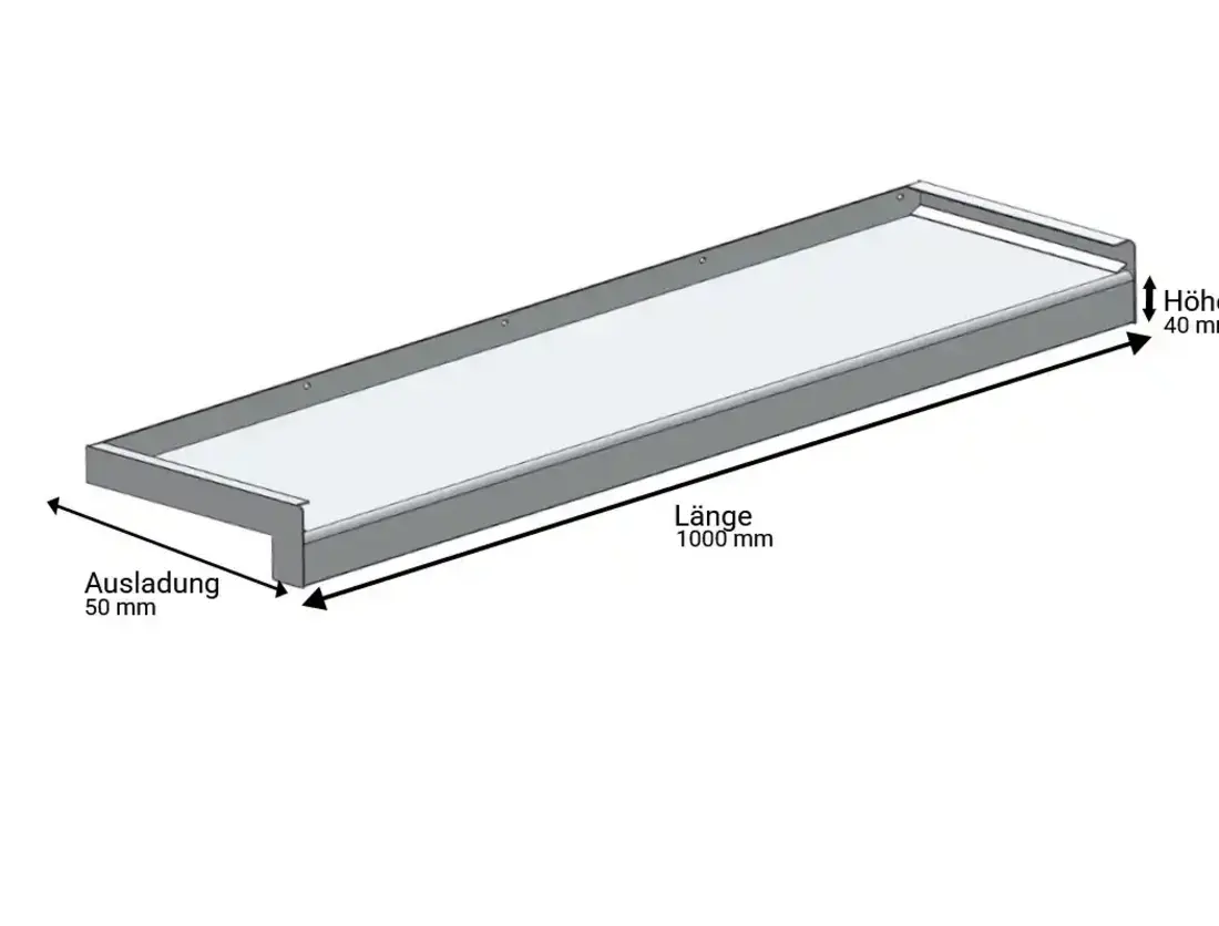 Isometrische Zeichnung einer Fensterbank aus Metall oder Kunststoff mit Maßen sowie hochgezogenen Kanten und Montagelöchern