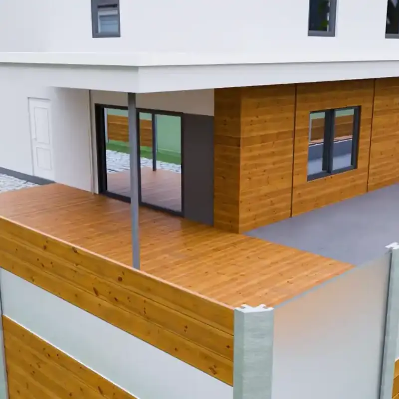 3D-Visualisierung eines Hauses mit Holzfassade, überdachter Terrasse und Sichtschutzzaun aus Holz-Metall-Paneelen.