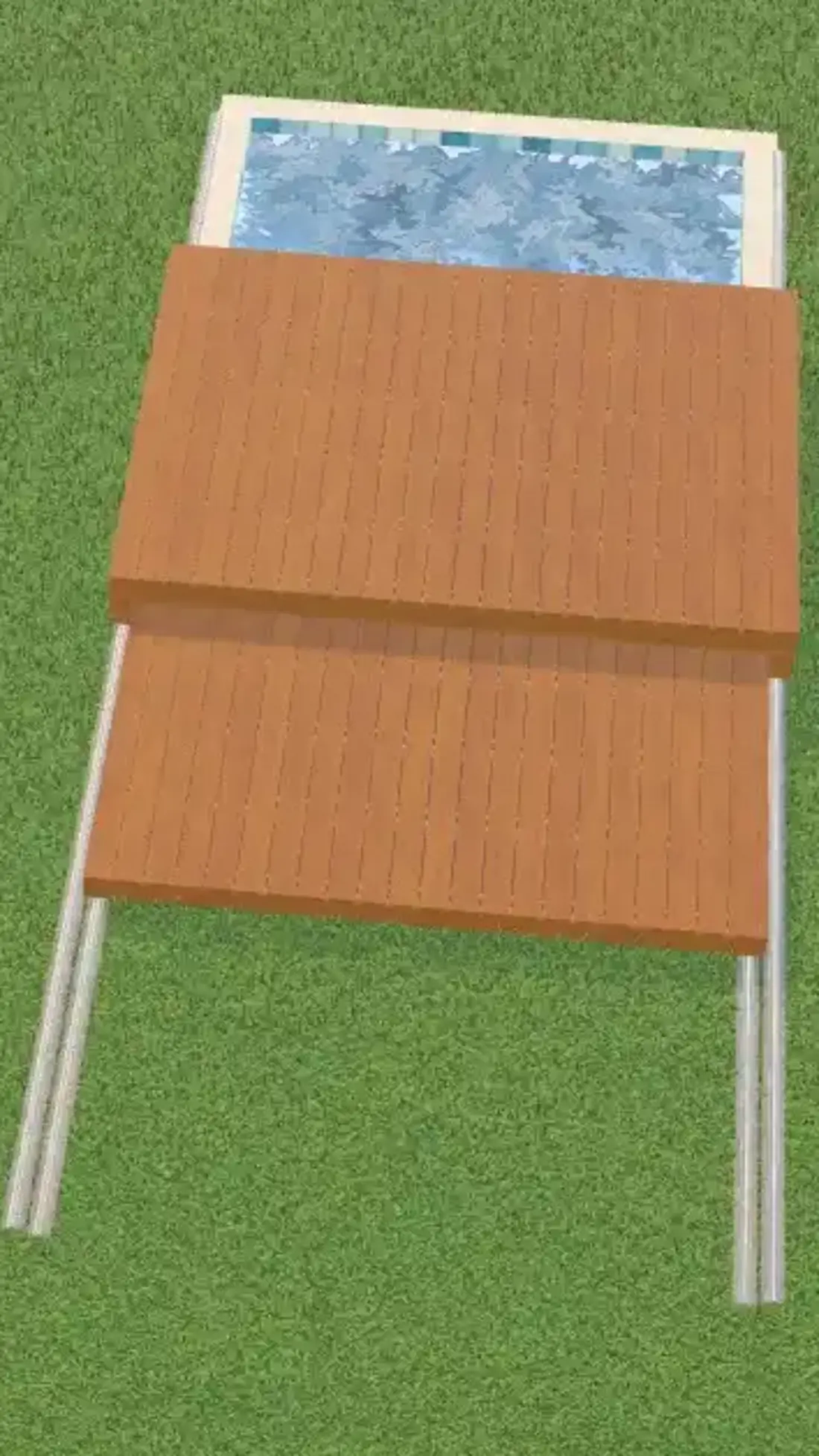 Two-part wooden deck on four metal rails partially moved over the pool front deck overlaps rear deck