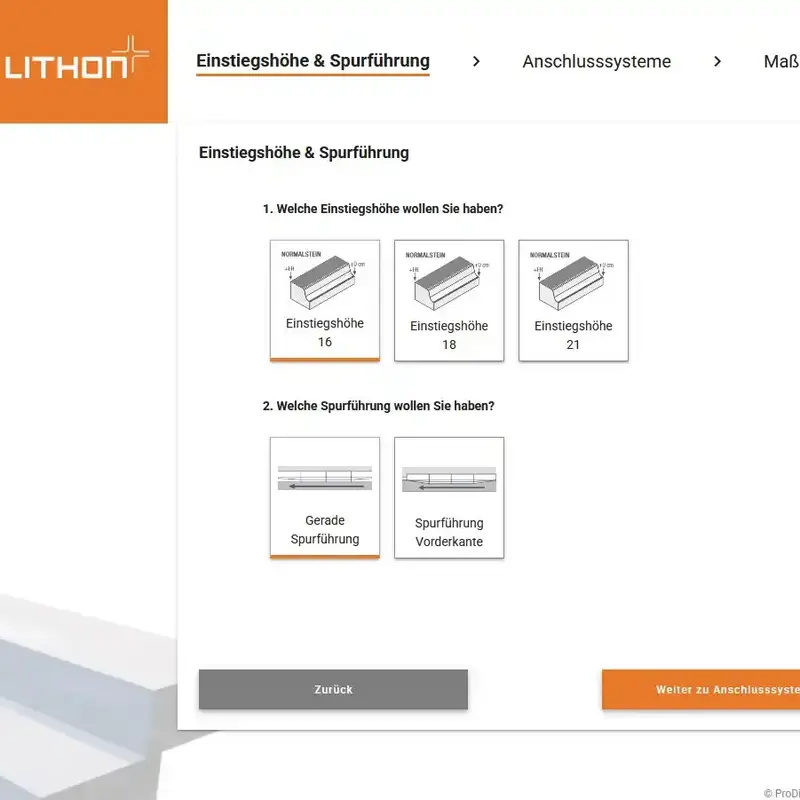 Konfigurationsschritt „Einstiegshöhe & Spurführung“ des Lithon-Konfigurators mit Auswahl von Bordsteinhöhe und Spurführungsart.