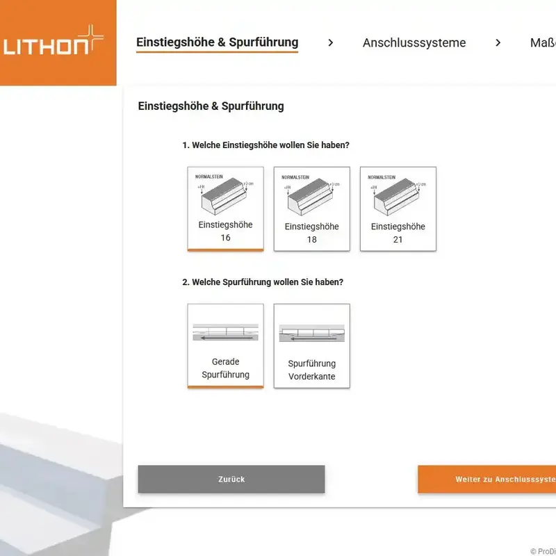 Auswahlmaske im Lithon-Konfigurator zur Definition der Einstiegshöhe und Spurführung für barrierefreie Haltestellen