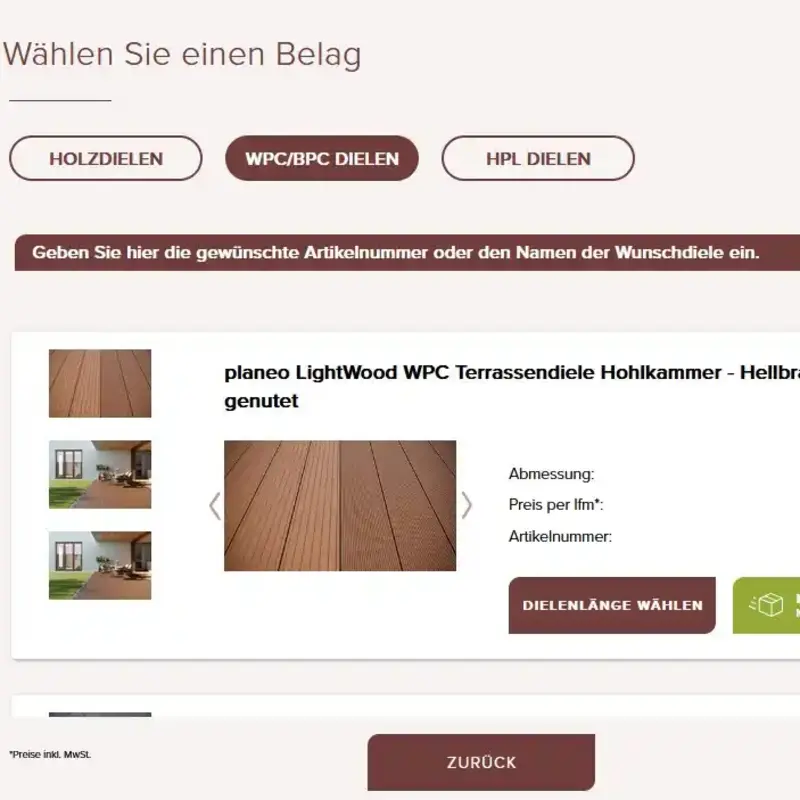 Screenshot der Belagsauswahl im Planeo Terrassen Konfigurator