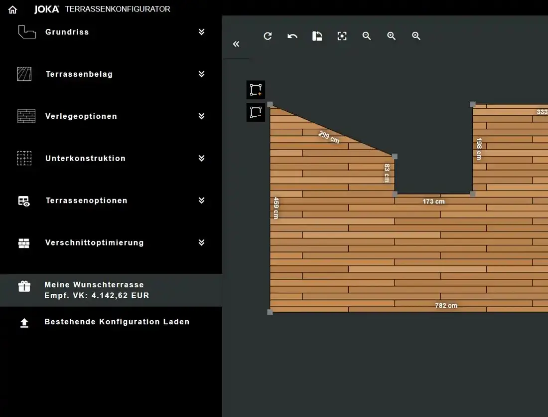 Screenshot des JOKA Terrassen Konfigurators mit Grundrissansicht einer Holzterrasse sowie Maßangaben und Preisvorschlag
