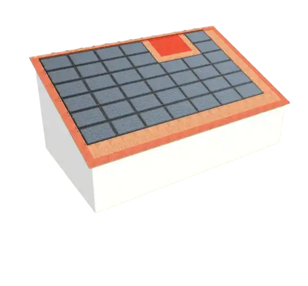 Gabled roof with full-surface photovoltaics 3D view of roof outlet showing efficient solar power utilization for house