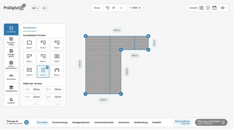 Digital terrace planning L shape defined dimensions ProDigital software shows installation options and dimensions