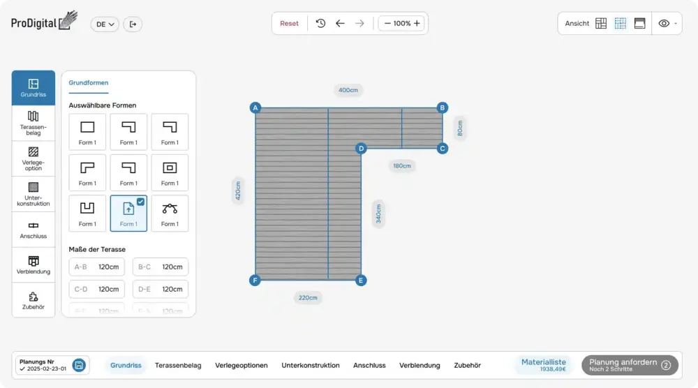 Terrassenplanung digital L Form definierte Maße ProDigital Software zeigt Verlegeoption und Maßangaben