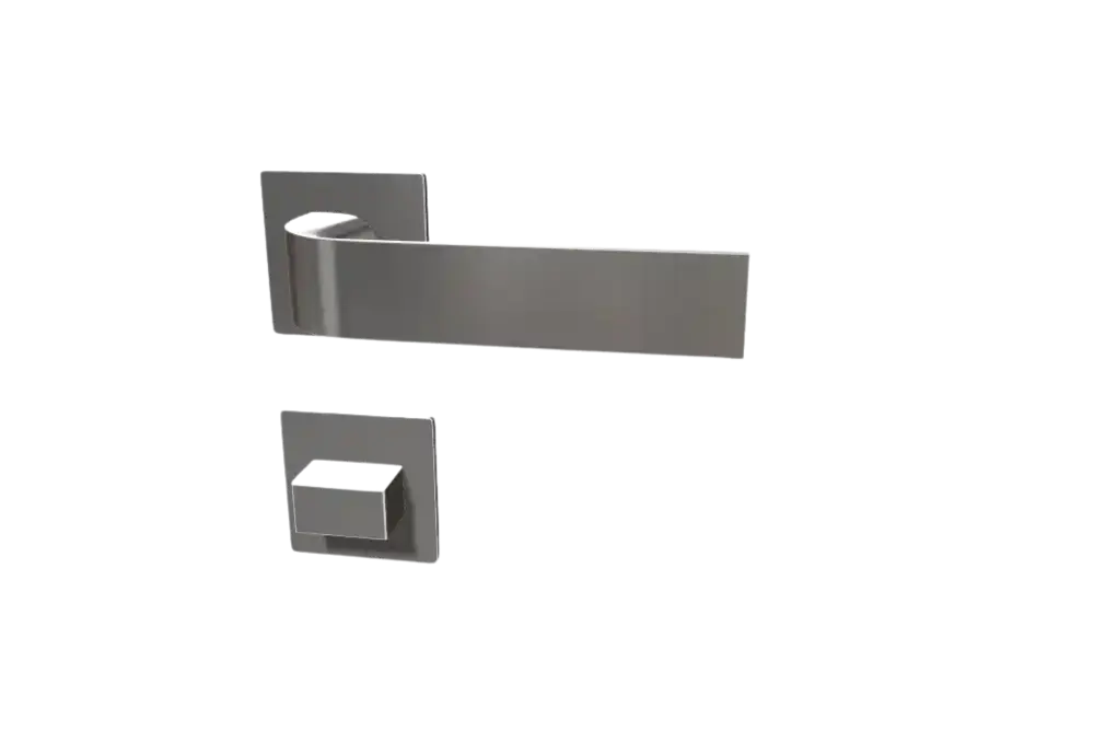 Modern handle set with round stainless steel handle round rosette and twist lock on white interior door