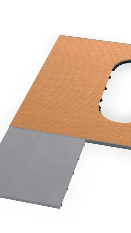 L Terrace 3D view Wooden flooring Oval recess for whirlpool or plant basin Combination of wood and stone slabs