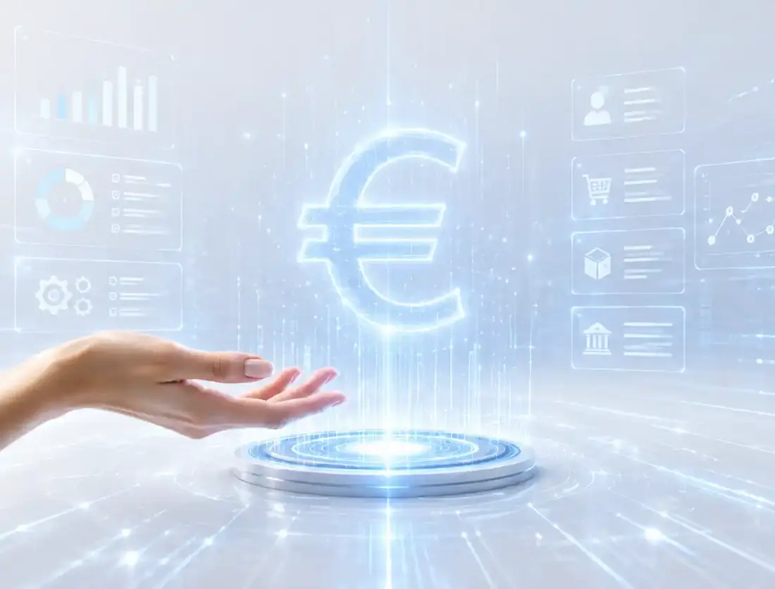 Hand unter schwebendem Euro-Symbol, umgeben von digitalen Dashboards – Sinnbild für automatisierte Umsatzgenerierung
