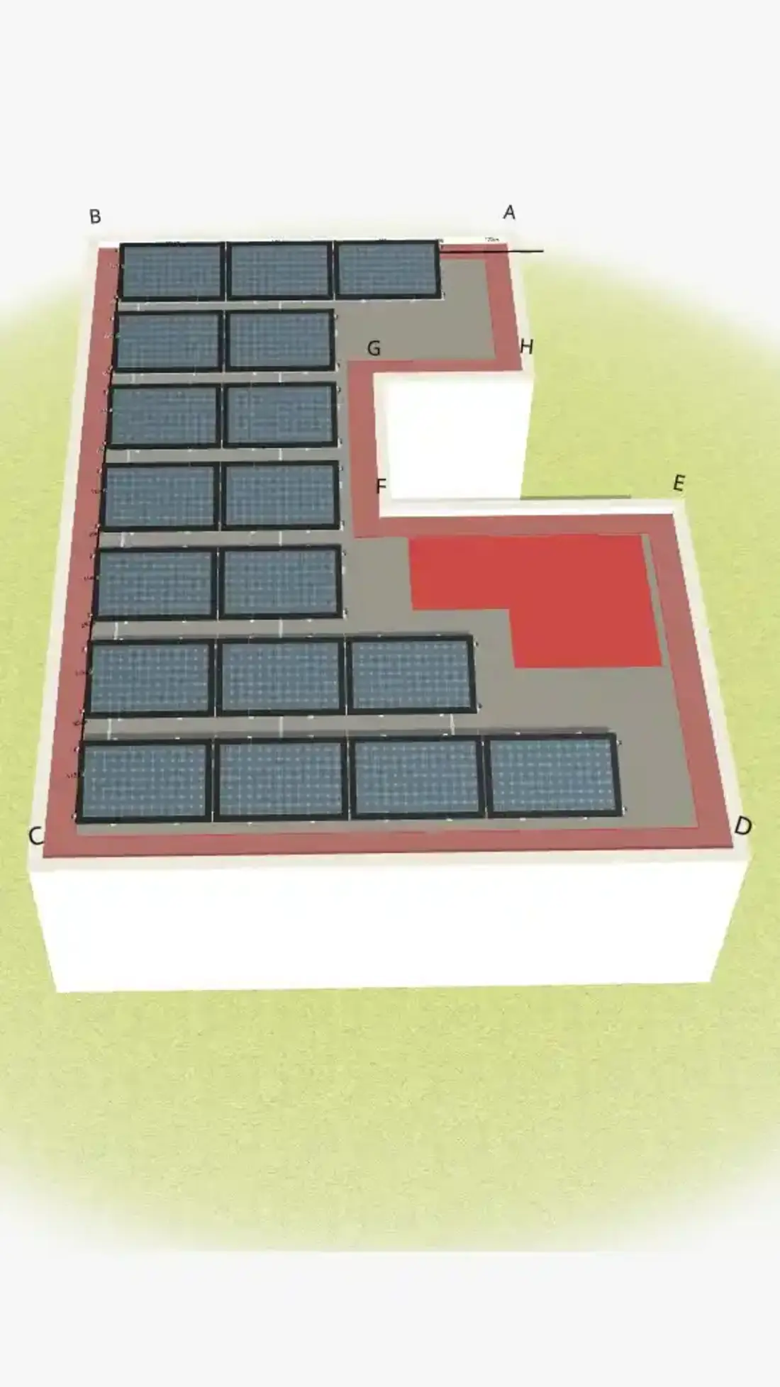 Flat roof PV system U-shaped floor plan Modules evenly distributed Red restricted areas for technology and maintenance