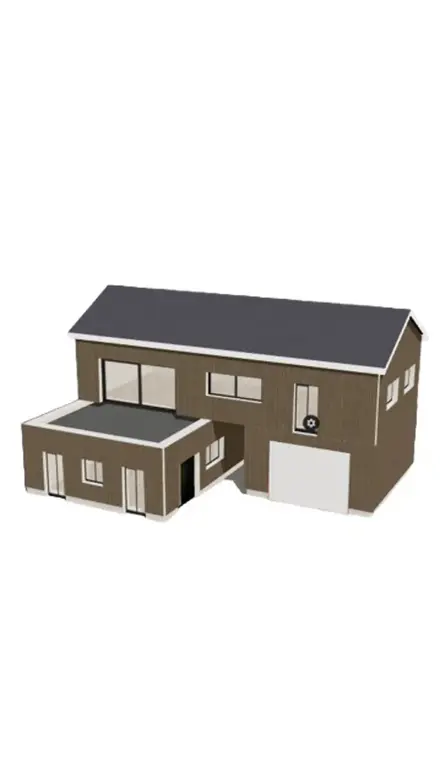 3D model of a modern single-family home with a wooden facade, a gabled roof, and an attached flat-roof extension wing